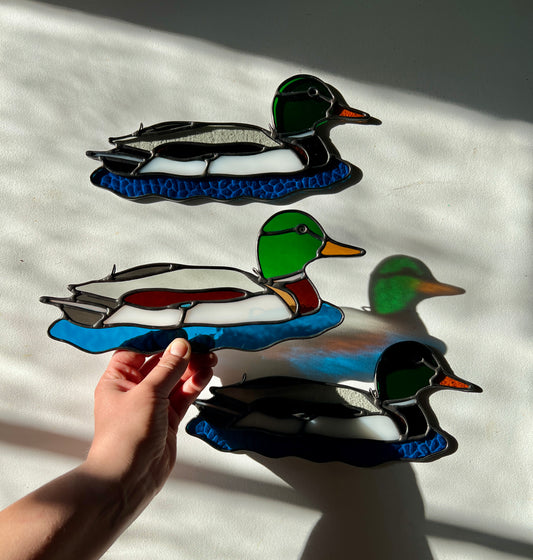 stained glass male mallard suncatcher held by a hand above a white surface with two similar suncatcher resting on the surface in the back ground. The sun is casting a partial refraction of the suncatcher being held.
