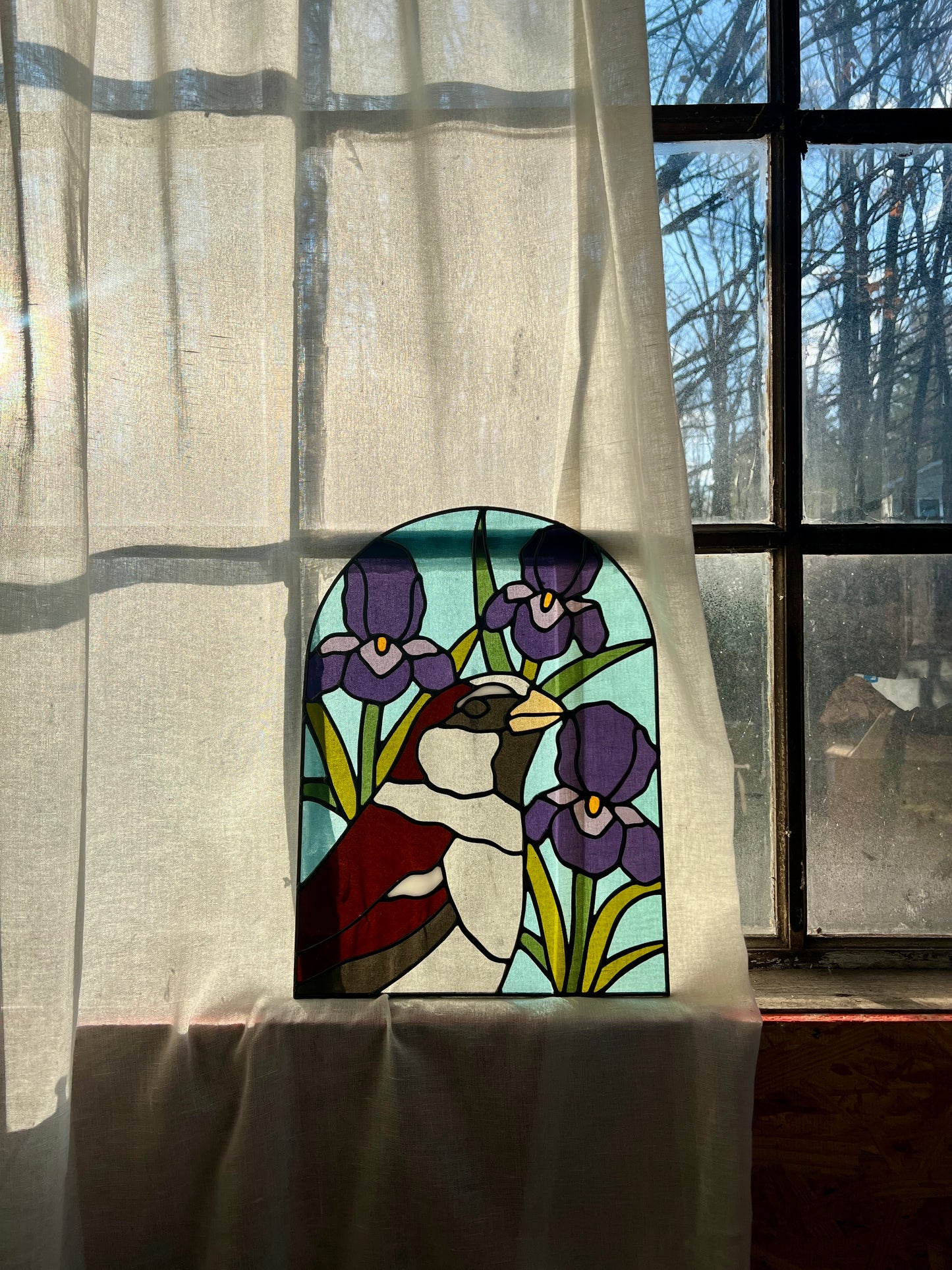 Wildflower Friend / House Sparrow + Irises / RESERVED
