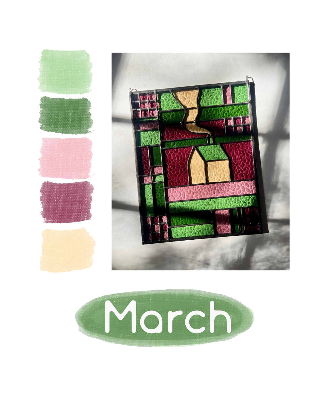 Stained glass panel with geometric textile inspired design with a cozy home depicted in the center, laying on a white black ground with bright sunlight across it. Color swatches are pulled to the left of the image, with the text "March" below