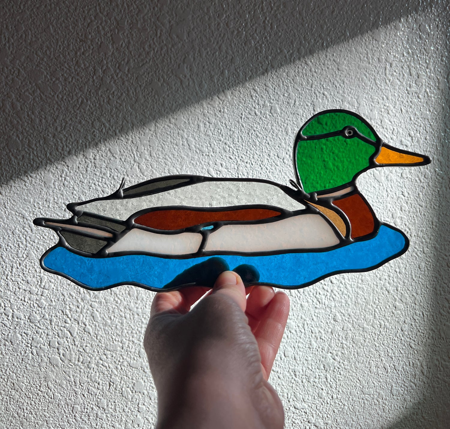 stained glass male mallard suncatcher held by a hand in front of a white wall