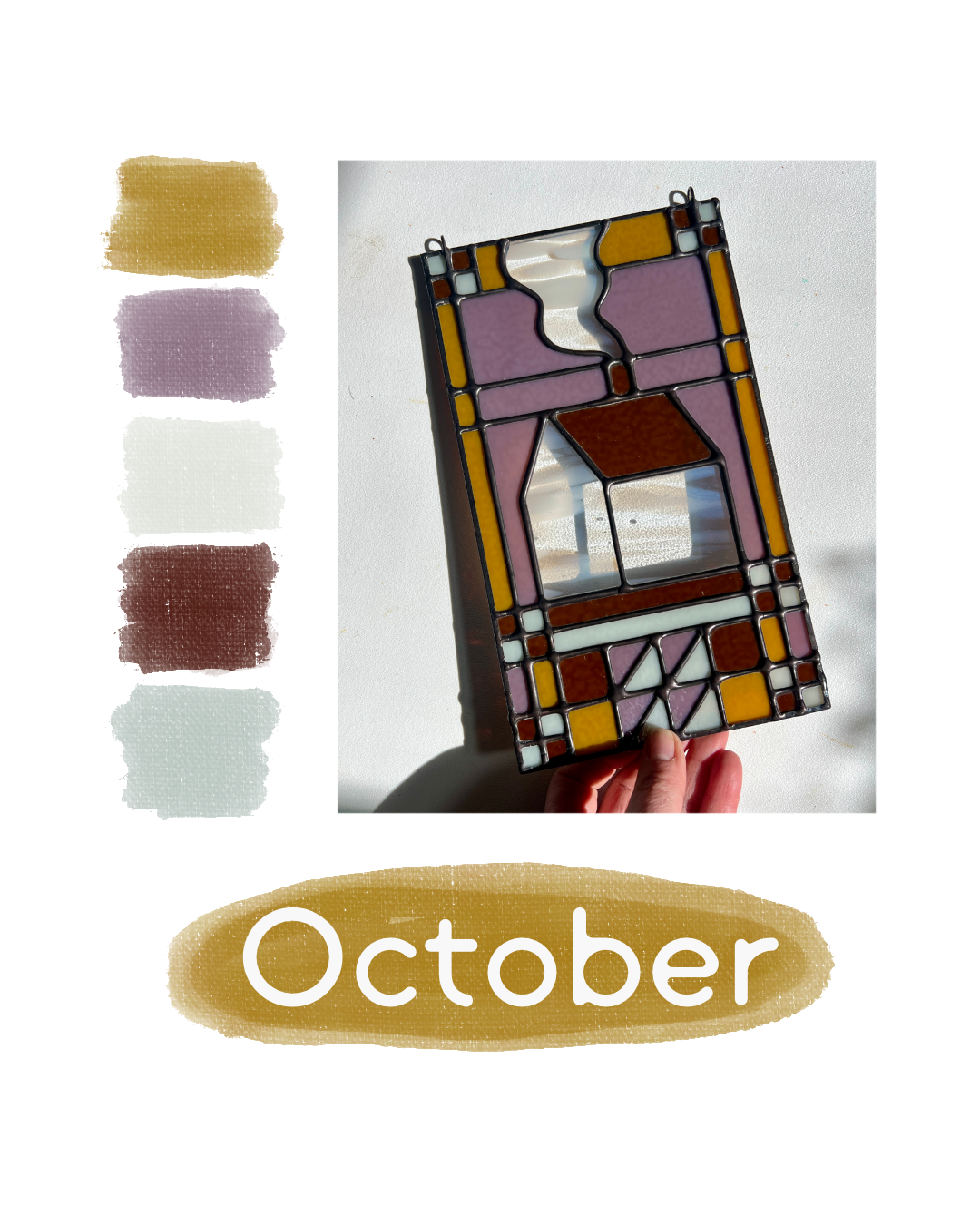 Stained glass textile inspired panel depicting a home in the center in shades of purple, white, brown, and bronze, with color swatches to the left and the text "October" below