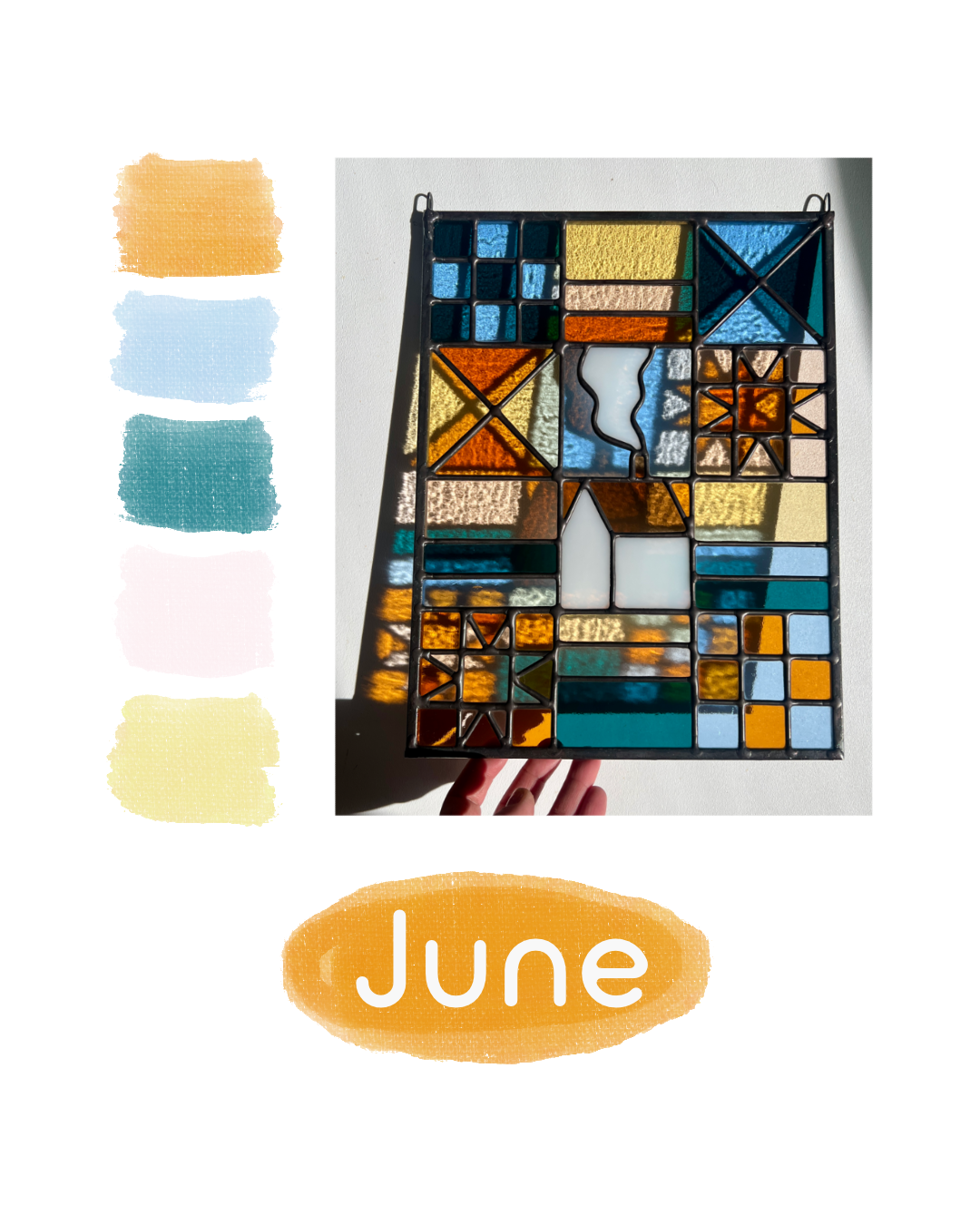 Stained glass textile inspired panel depicting a home in the center in shades of teal, pink, white, blue, and yellow,  with color swatches to the left and the test "June" below