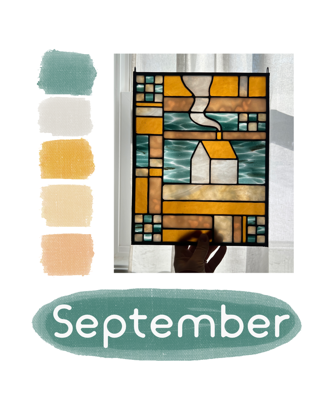 Stained glass textile inspired panel depicting a home in the center in shades of teal, amber, white, and beige, with color swatches to the left and the text "September" below