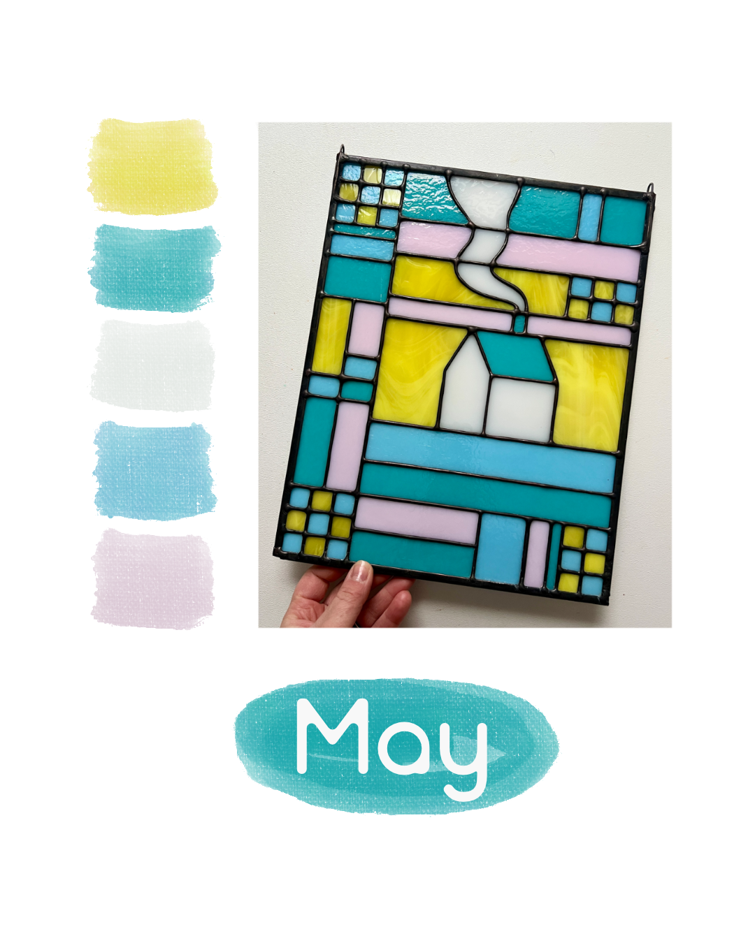 Stained glass textile inspired panel depicting a home in the center in shades of teal, pink, white, blue, and yellow, with color swatches to the left and the test "May" below
