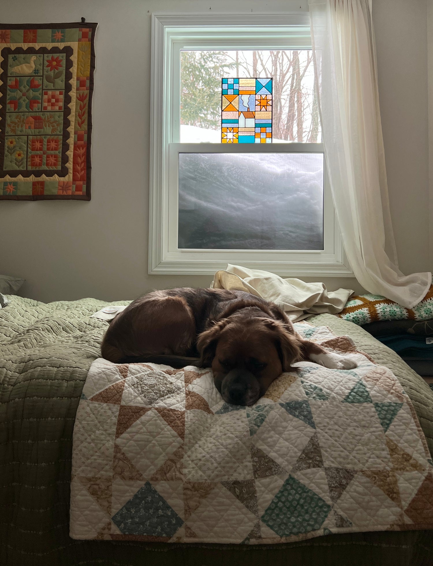 Dog sleeping on a bed with a quilt, geometric textile inspired stained glass resting in the window, a large snow drift outside, and wall art in a room.