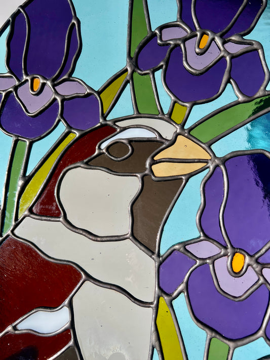 Wildflower Friend / House Sparrow + Irises / RESERVED