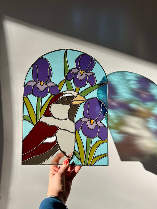 Wildflower Friend / House Sparrow + Irises / RESERVED