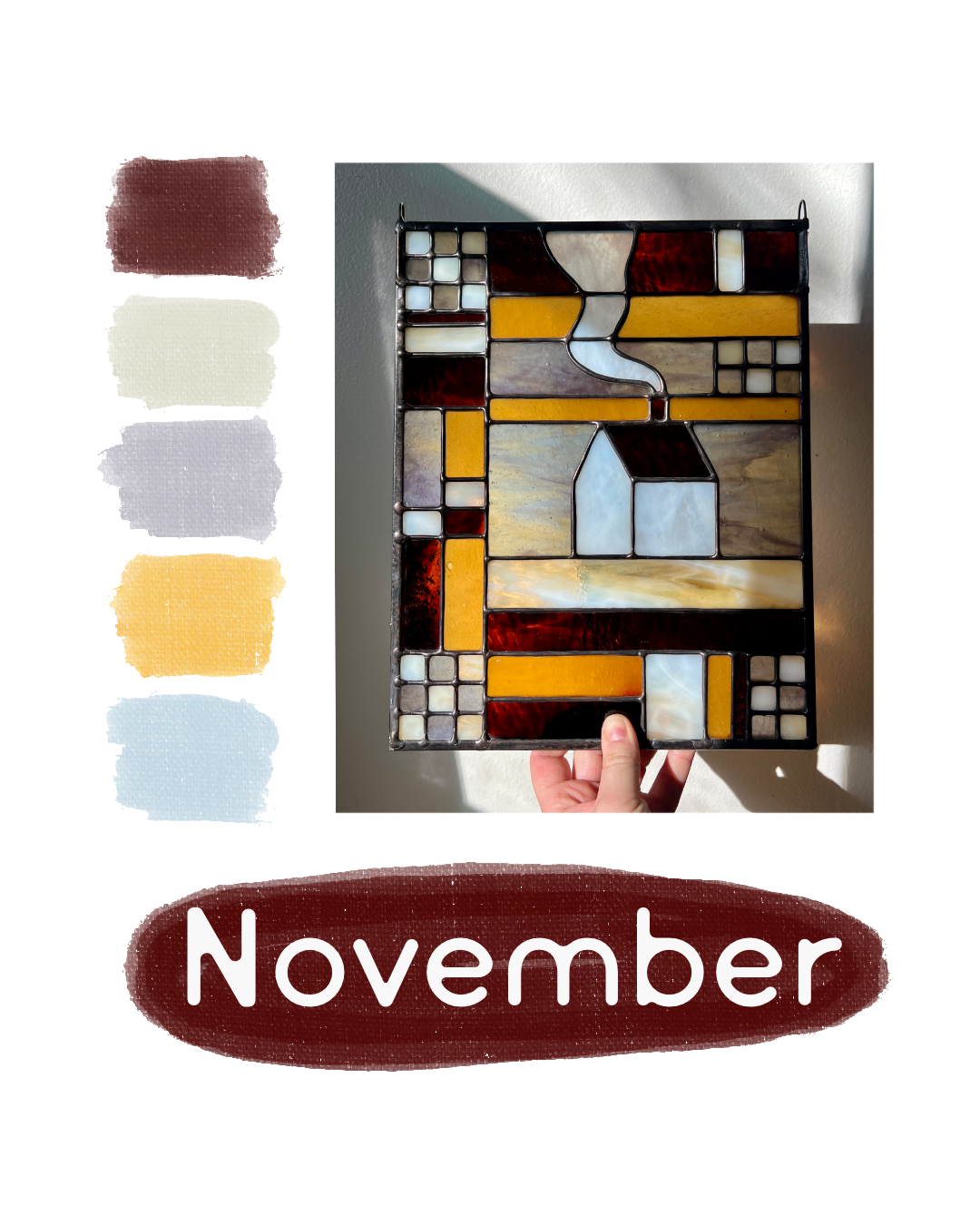 Stained glass textile inspired panel depicting a home in the center in shades of purple, white, brown, and amber, with color swatches to the left and the text "November" below