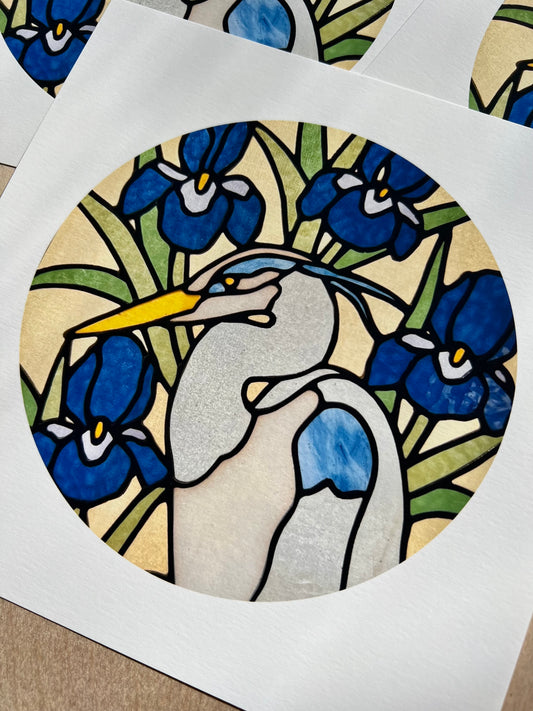Great Blue Heron and Iris / ART PRINT