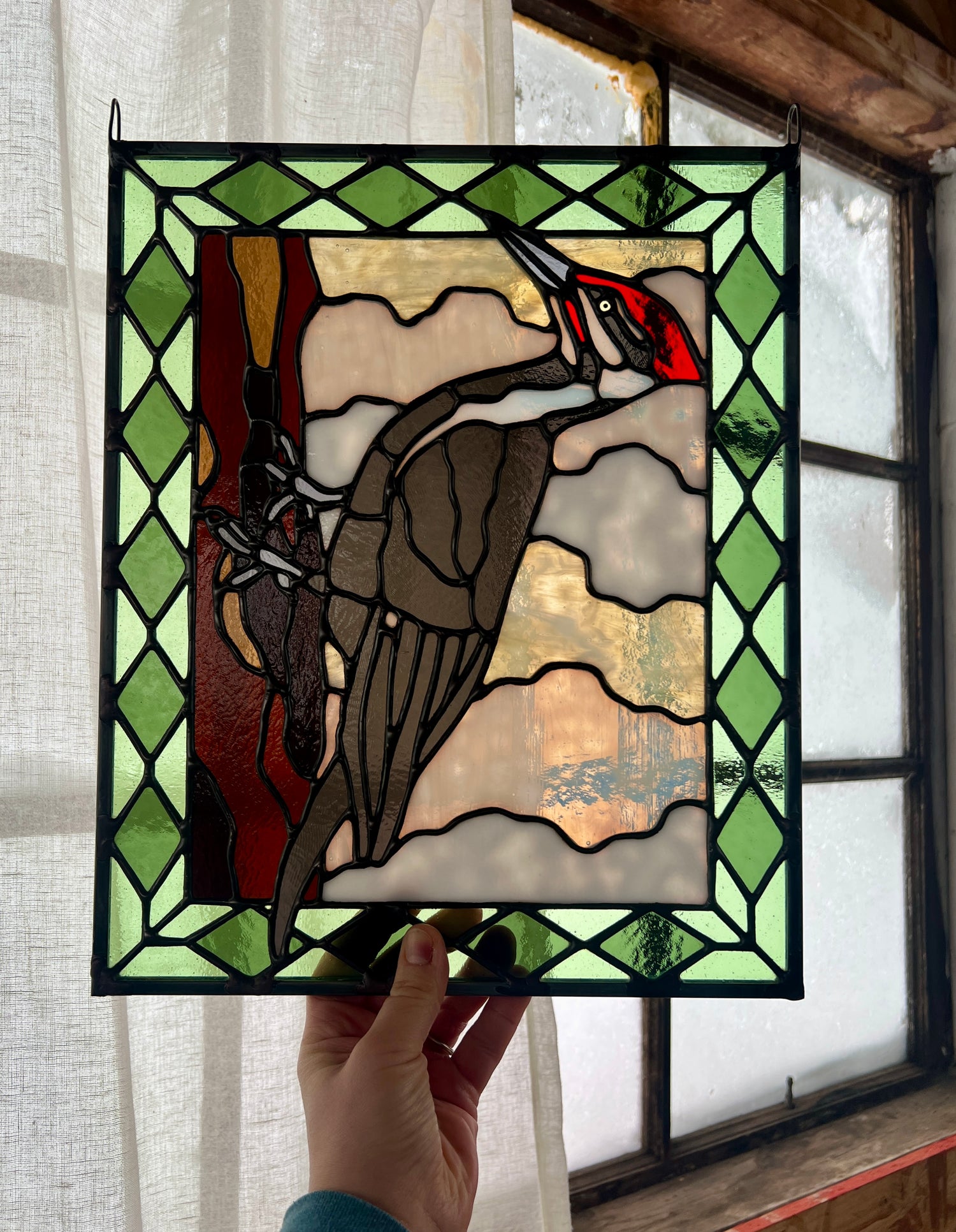 stained glass panel depicting a pileated woodpecker with a green diamond pattern border, held in someone's hand with windows in the background