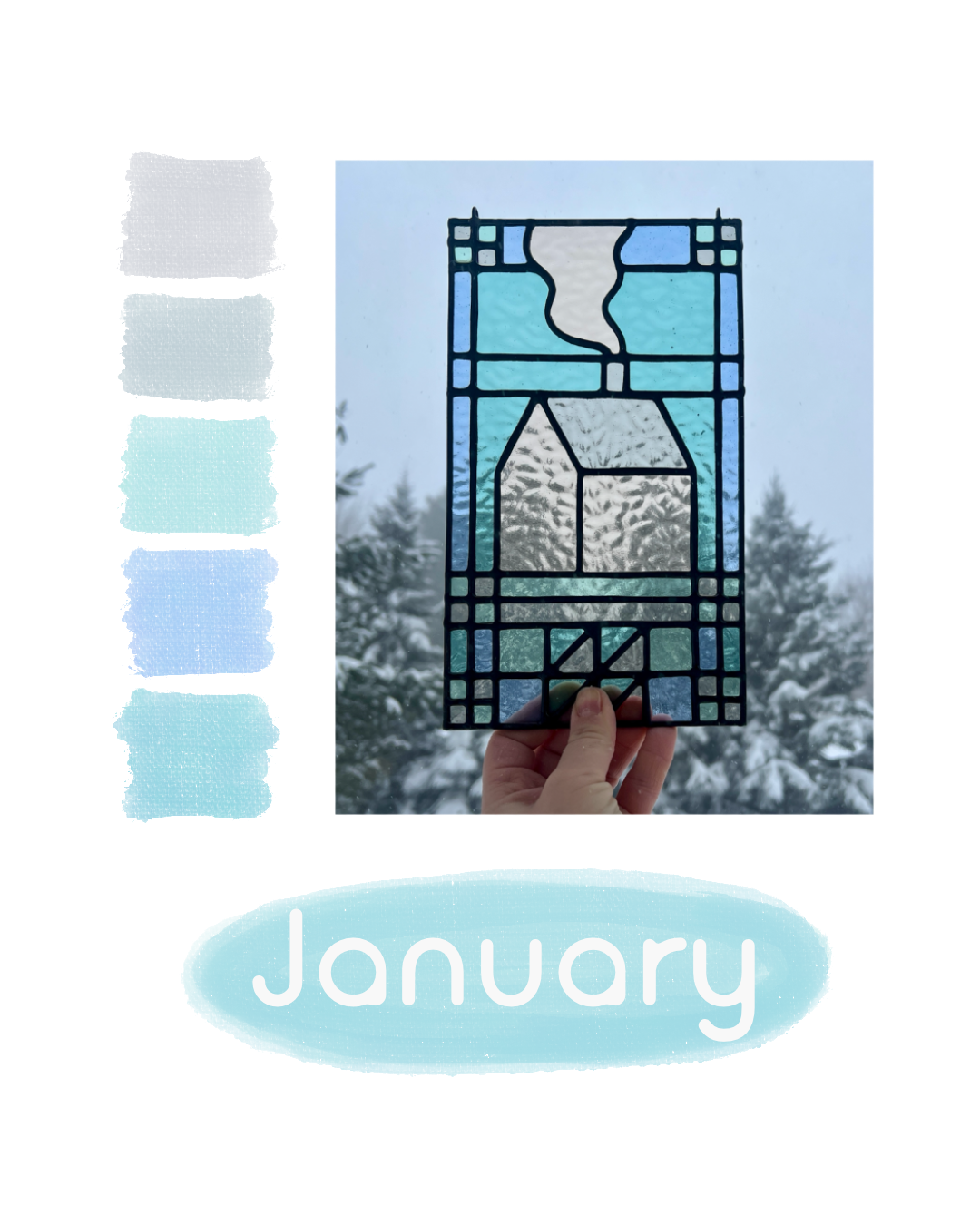 Textile inspired pastel teal and blue stained glass piece held up to a snowy landscape, with palette swatches pulled alongside labeled as “January”
